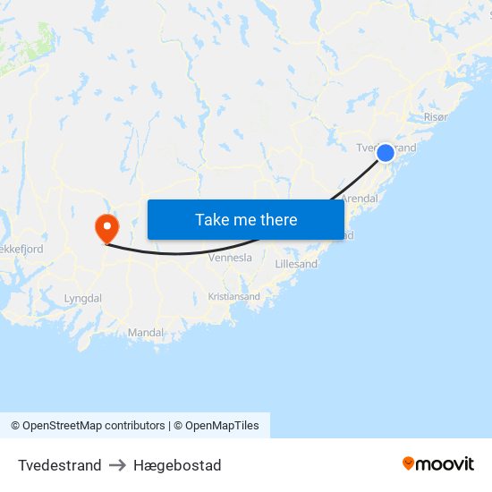 Tvedestrand to Hægebostad map