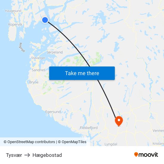 Tysvær to Hægebostad map