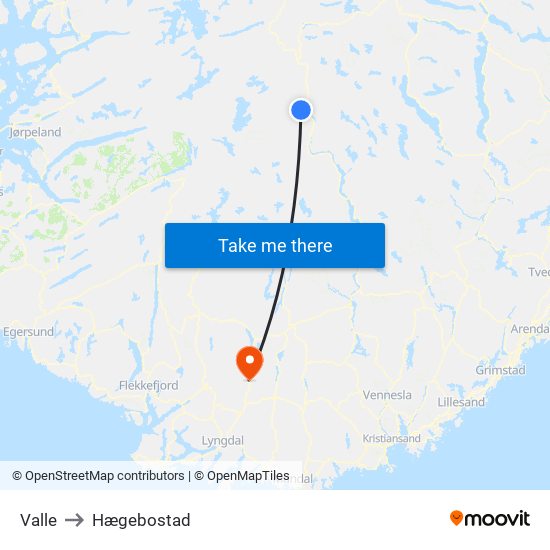 Valle to Hægebostad map