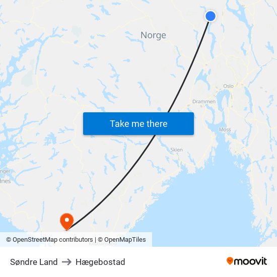 Søndre Land to Hægebostad map