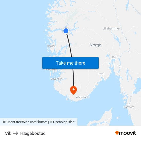 Vik to Hægebostad map