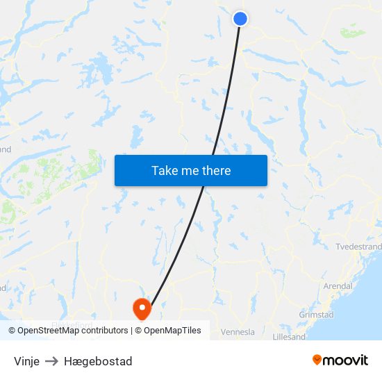 Vinje to Hægebostad map