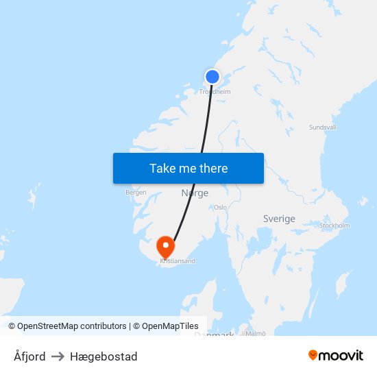 Åfjord to Hægebostad map