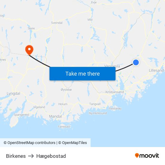 Birkenes to Hægebostad map