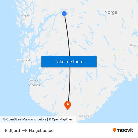 Eidfjord to Hægebostad map