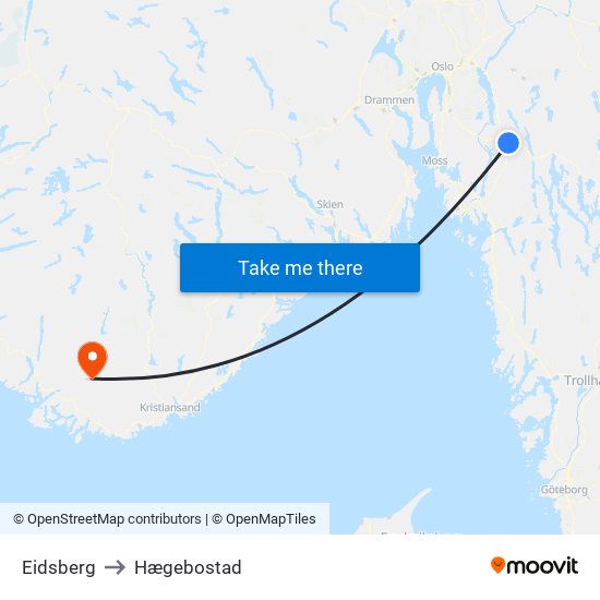 Eidsberg to Hægebostad map