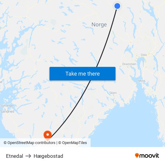 Etnedal to Hægebostad map