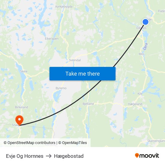 Evje Og Hornnes to Hægebostad map