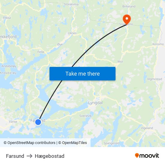 Farsund to Hægebostad map