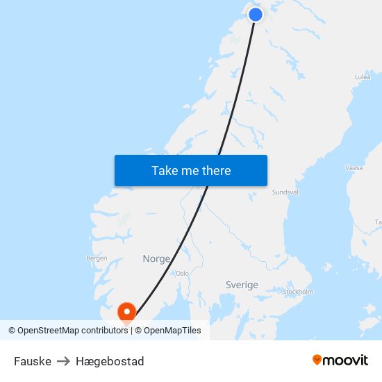 Fauske to Hægebostad map