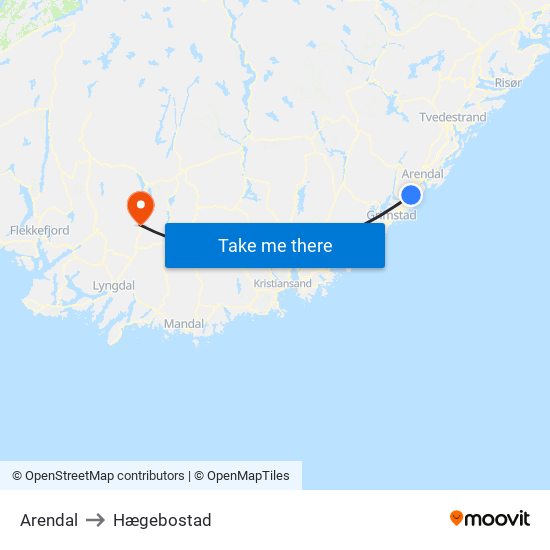 Arendal to Hægebostad map