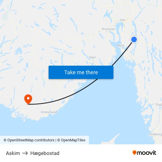 Askim to Hægebostad map