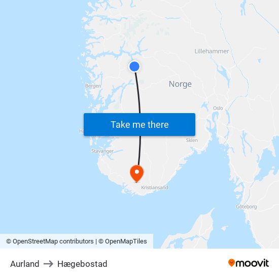 Aurland to Hægebostad map