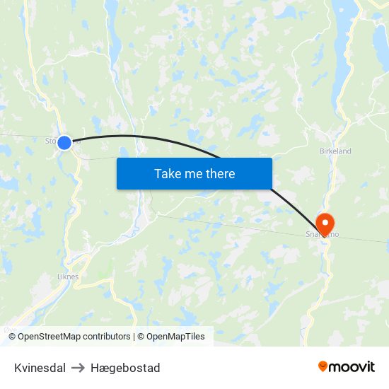 Kvinesdal to Hægebostad map