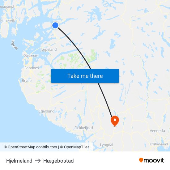 Hjelmeland to Hægebostad map