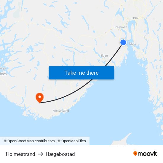 Holmestrand to Hægebostad map