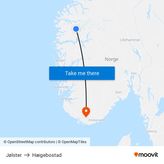 Jølster to Hægebostad map