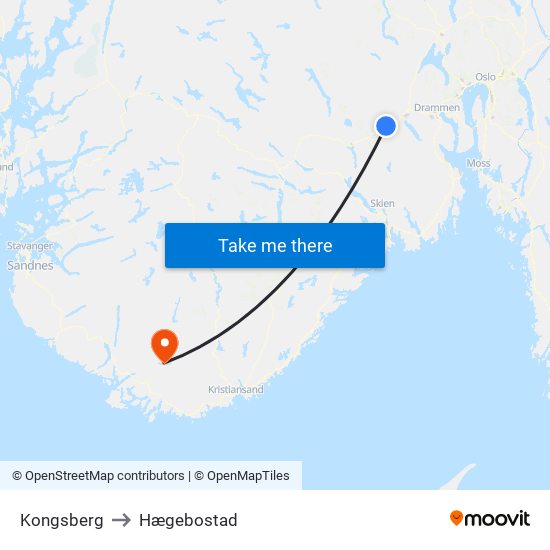 Kongsberg to Hægebostad map