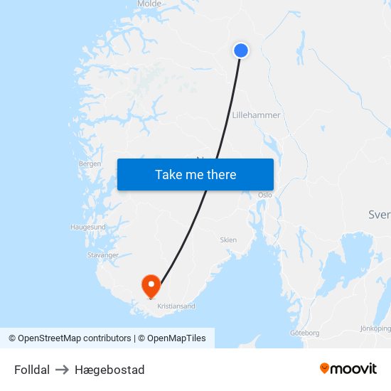 Folldal to Hægebostad map