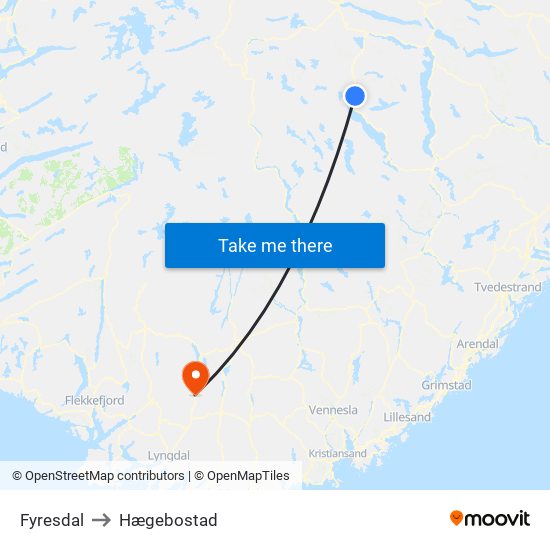 Fyresdal to Hægebostad map