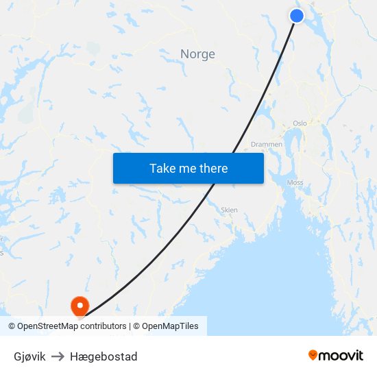 Gjøvik to Hægebostad map
