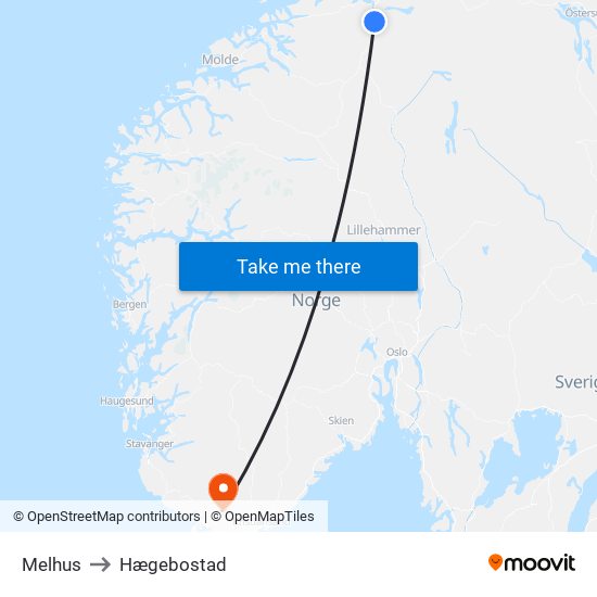 Melhus to Hægebostad map