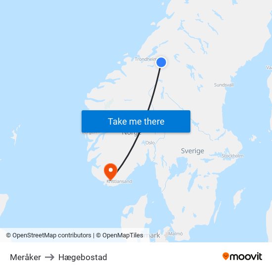 Meråker to Hægebostad map