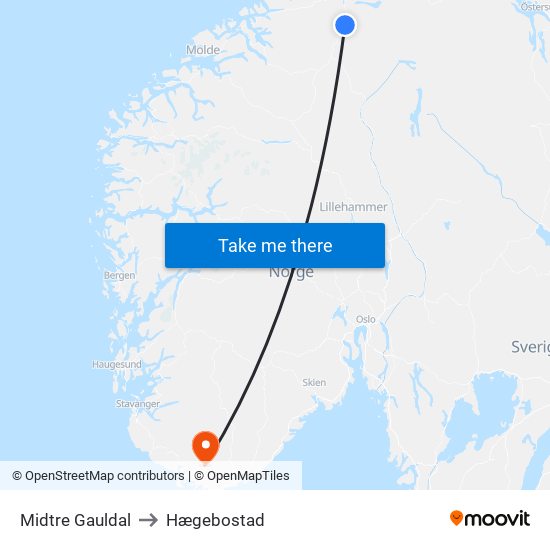 Midtre Gauldal to Hægebostad map