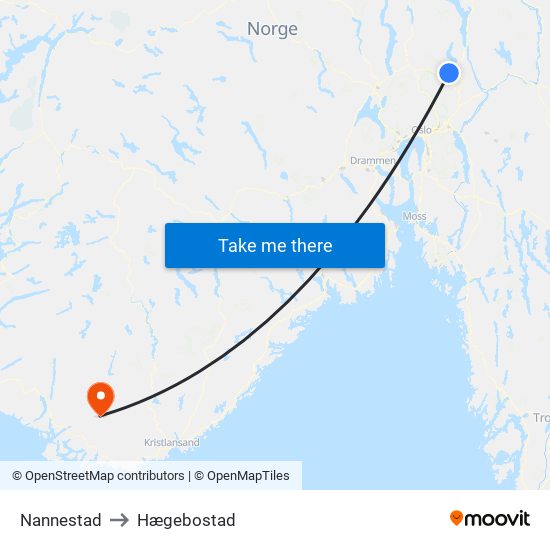 Nannestad to Hægebostad map