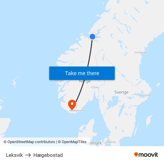 Leksvik to Hægebostad map