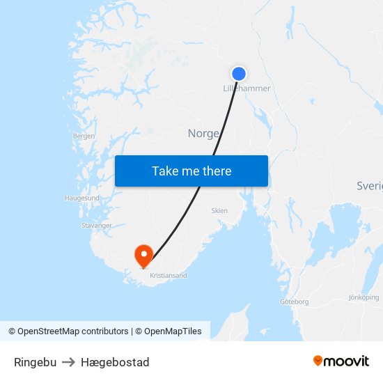 Ringebu to Hægebostad map