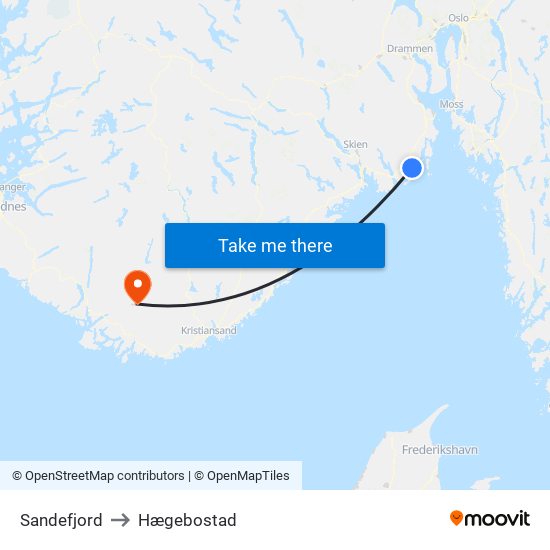 Sandefjord to Hægebostad map