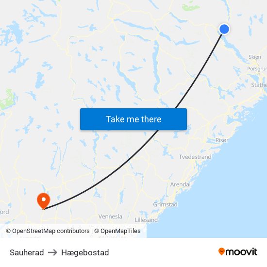 Sauherad to Hægebostad map