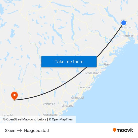 Skien to Hægebostad map