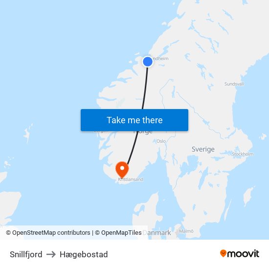 Snillfjord to Hægebostad map