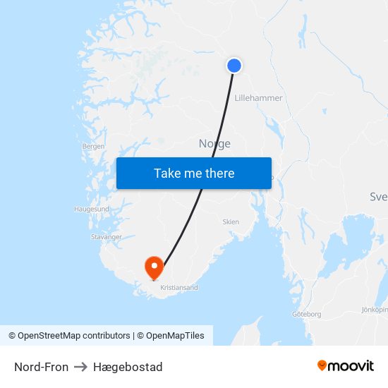 Nord-Fron to Hægebostad map