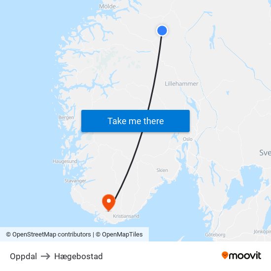 Oppdal to Hægebostad map