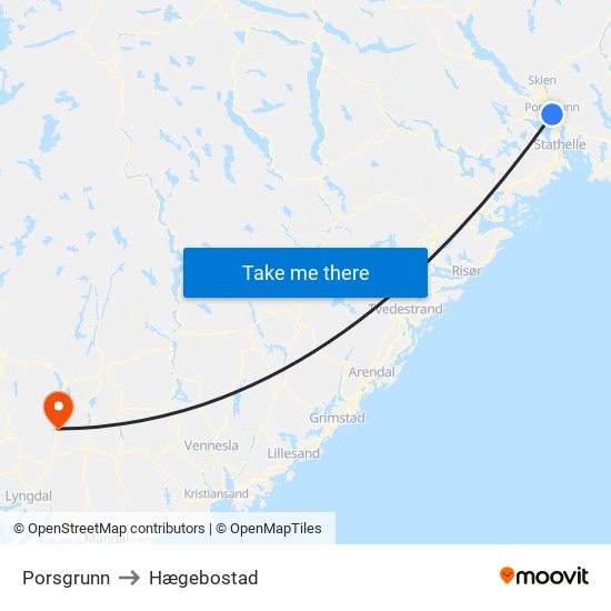 Porsgrunn to Hægebostad map