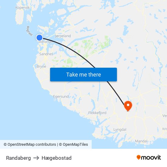 Randaberg to Hægebostad map