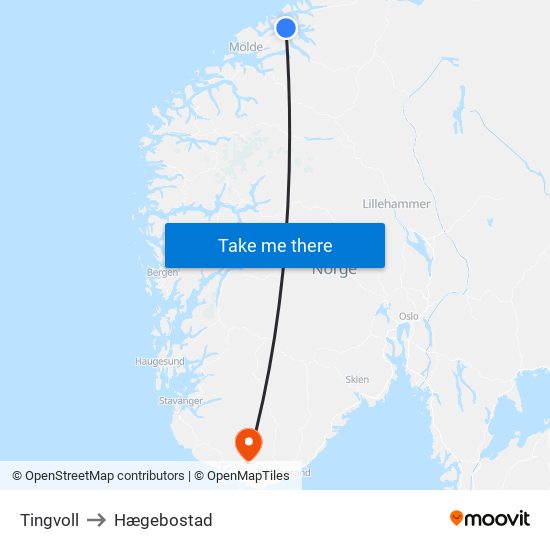 Tingvoll to Hægebostad map