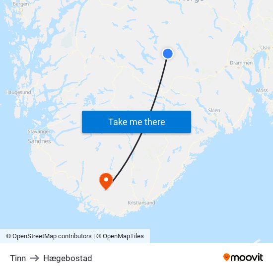 Tinn to Hægebostad map