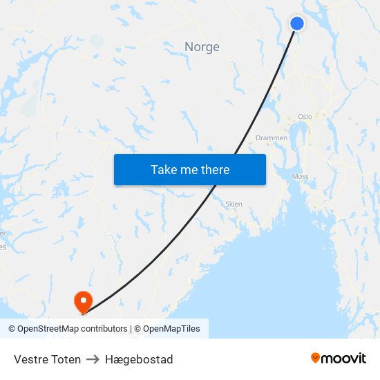 Vestre Toten to Hægebostad map