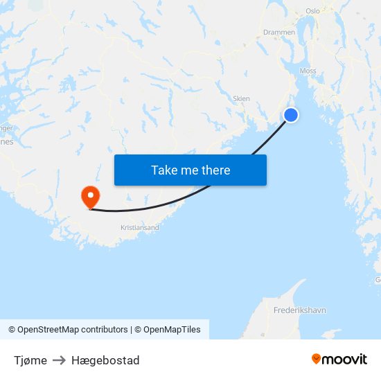 Tjøme to Hægebostad map