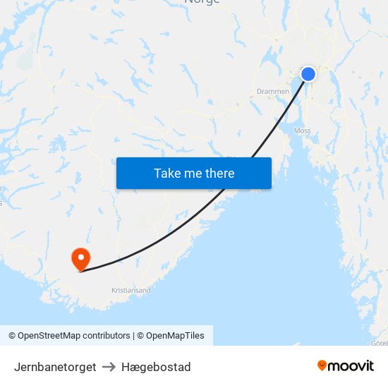 Jernbanetorget to Hægebostad map