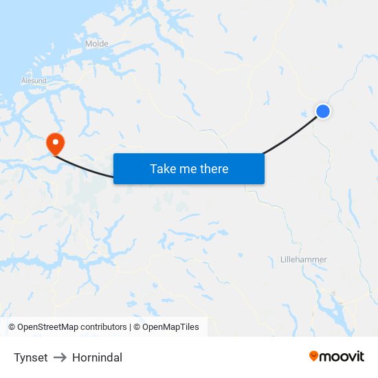 Tynset to Hornindal map