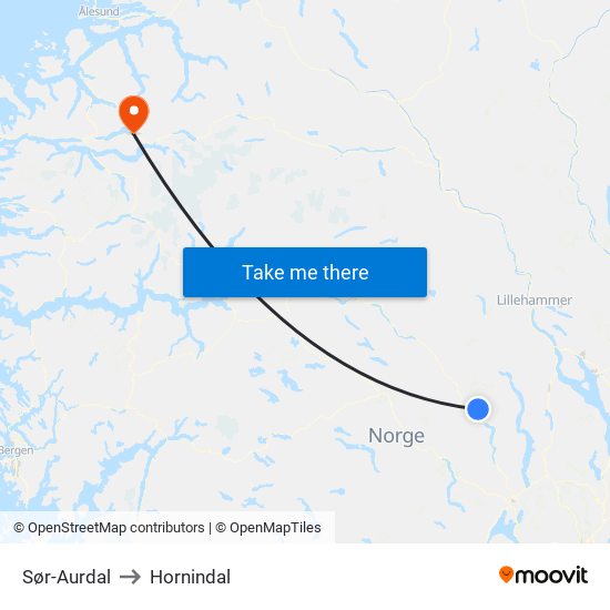 Sør-Aurdal to Hornindal map