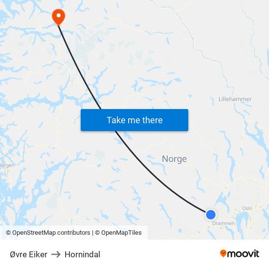 Øvre Eiker to Hornindal map