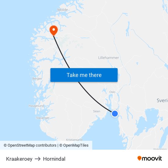 Kraakeroey to Hornindal map