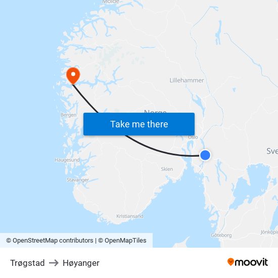 Trøgstad to Høyanger map