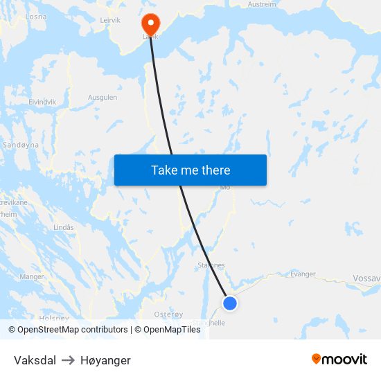 Vaksdal to Høyanger map